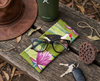 Canvas glasses case featuring a stylised comb crested jacana on a green background of sacred lotus lily pads and pink flowers on a park bench with a set of keys, a pair of glasses, a water bottle, a hat and a dried sacred lotus pod