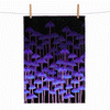 linen tea towel printed with rows of tall purple mushrooms against a black background