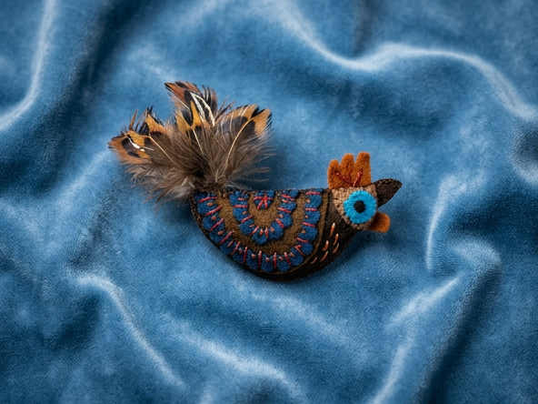 Brown and blue rooster felt brooch with feathered tail
