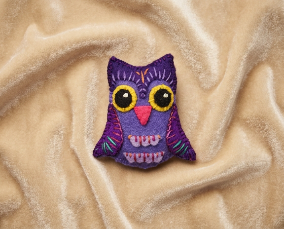 purple owl felt brooch