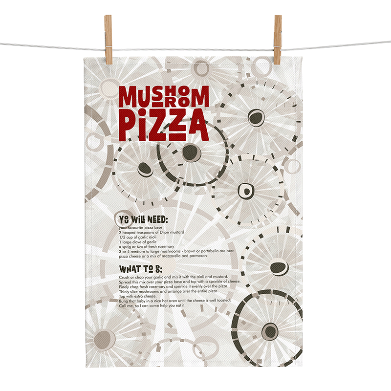 linen tea towel  with a mushroom pattern and a mushroom pizza recipe