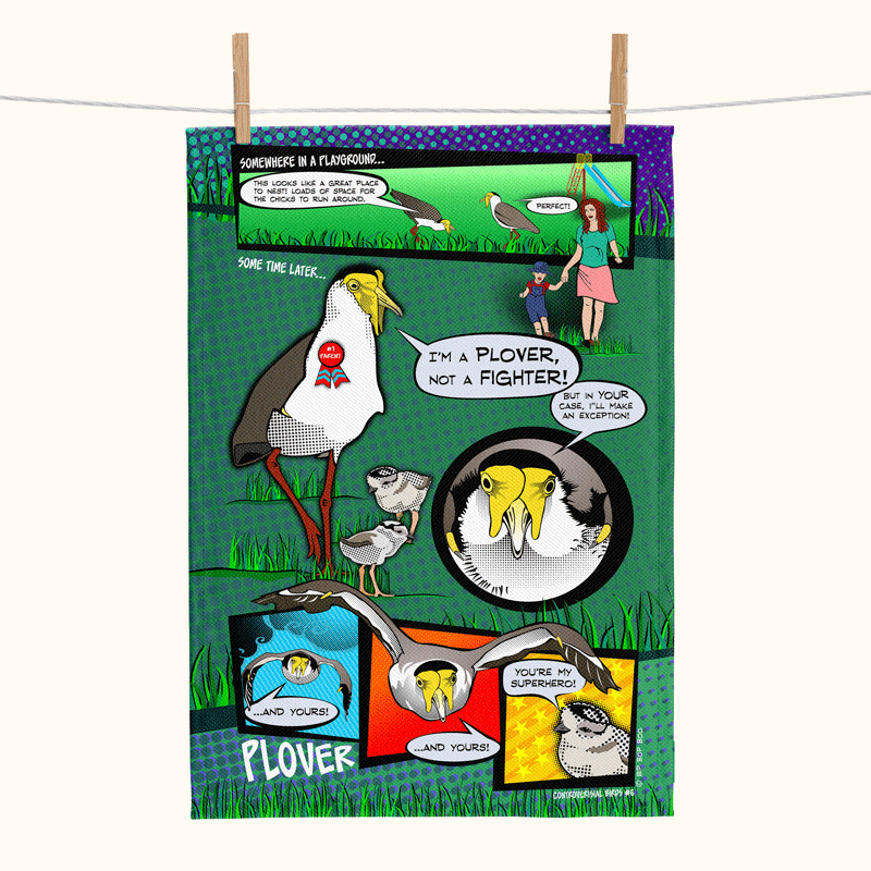 linen tea towel printed with a comic book style layout describing plovers attacking people in parks to protect their chicks