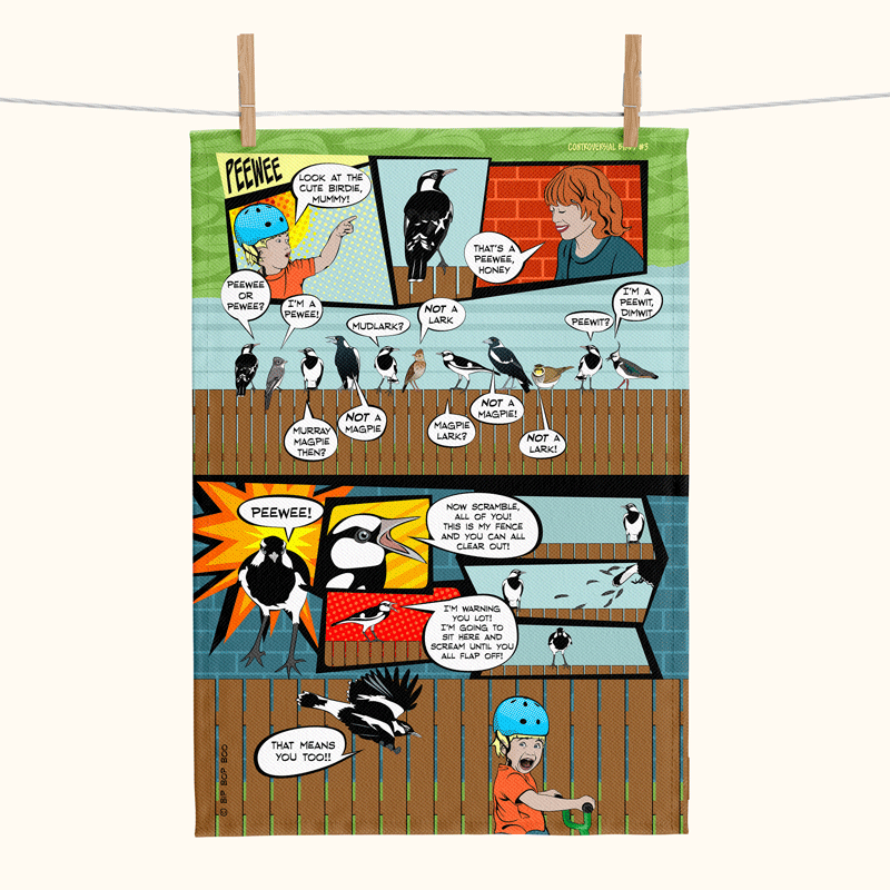 linen tea towel printed with a comic book style story about peewees