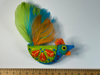 lime green, blue and orange rooster felt brooch, with a feather tail