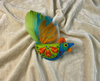 lime green, blue and orange rooster felt brooch, with a feather tail