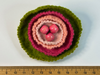 Coral pink and green layered felt flower brooch with pink wooden beaded centre
