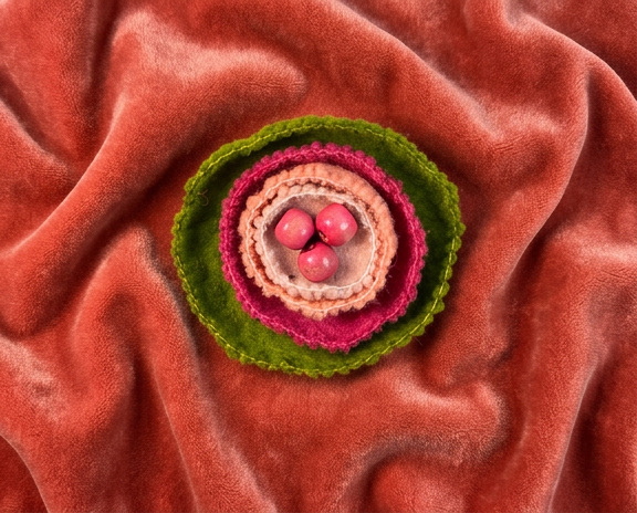 Coral pink and green layered felt flower brooch with pink wooden beaded centre