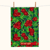 linen tea towel featuring a red bush apple pattern
