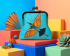 kisslock purse with rainbow bee eater design on a blue background