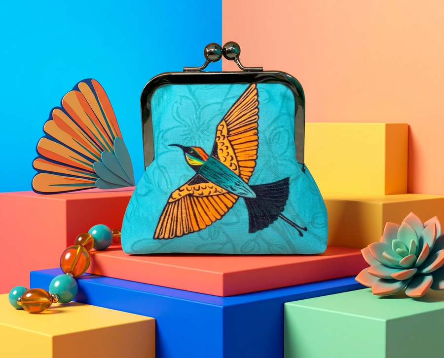kisslock purse with rainbow bee eater design on a blue background