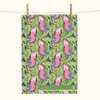 linen tea towel printed with an overall pattern of pink and grey galahs against a backdrop of gum leaves