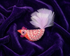 Pink felt rooster brooch with feather tail