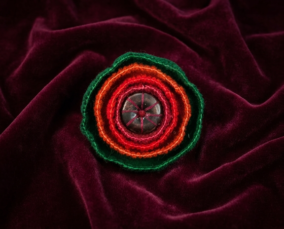 Red and green layered felt brooch with a single flat bead at its centre