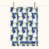 linen tea towel featuring a stylised all-over sulphur-crested cockatoo design with a blue background