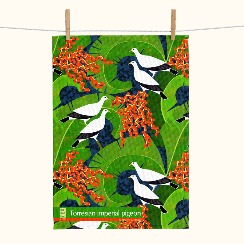 linen tea towel with a bright pattern showing Torres Strait pigeons and fruiting carpenteria palm 