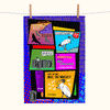 linen tea towel printed with a comic book style story about white ibis being released from zoos