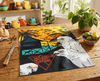 Pop-art tea towel showing Corellas against a tropical sunset with the title 'The corellas that ate Darwin'