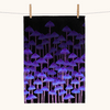 linen tea towel printed with rows of tall purple mushrooms against a black background 