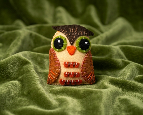 Brown and pale yellow eye felt brooch with green eyes