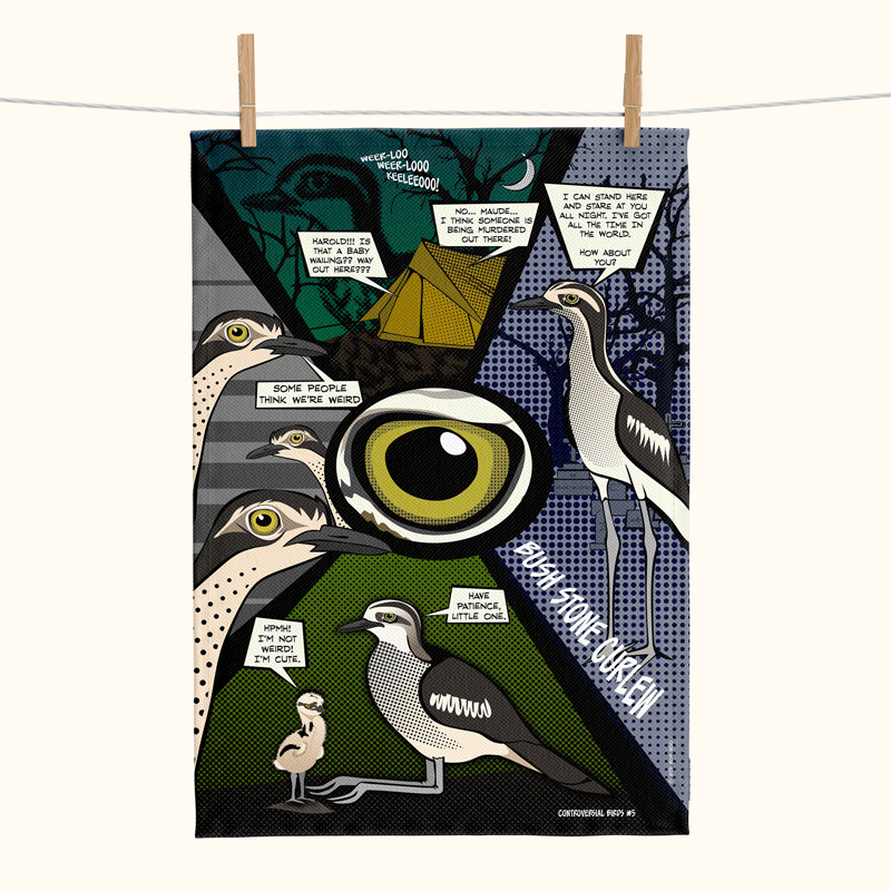 linen tea towel printed with a comic book style graphic about bush stone curlews