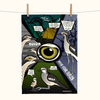 linen tea towel printed with a comic book style graphic about bush stone curlews