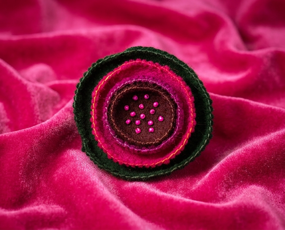 Layered felt flower brooch in pinks and deep green